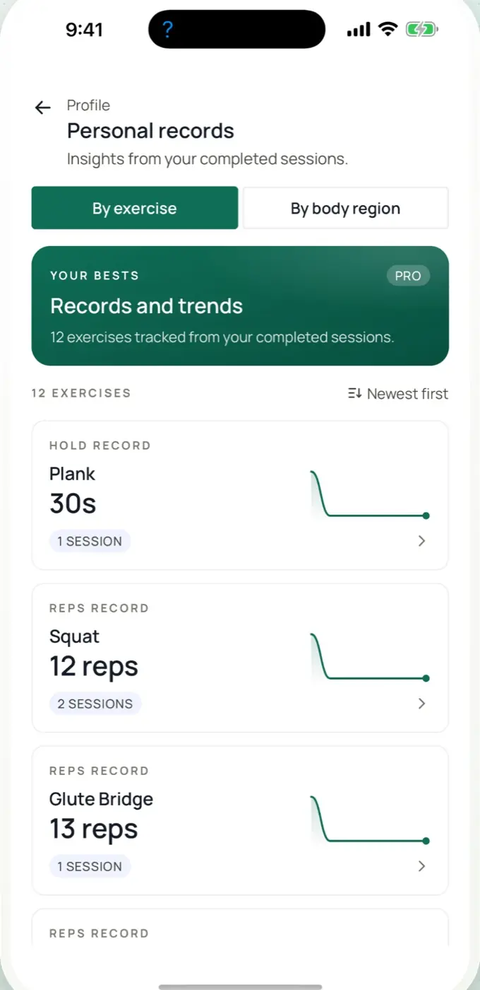 Personal records and progress trends.