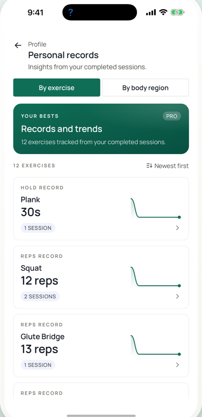 Personal records and progress trends.