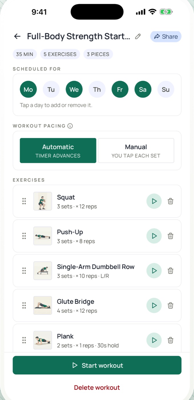 A built routine with its sequence of exercises.